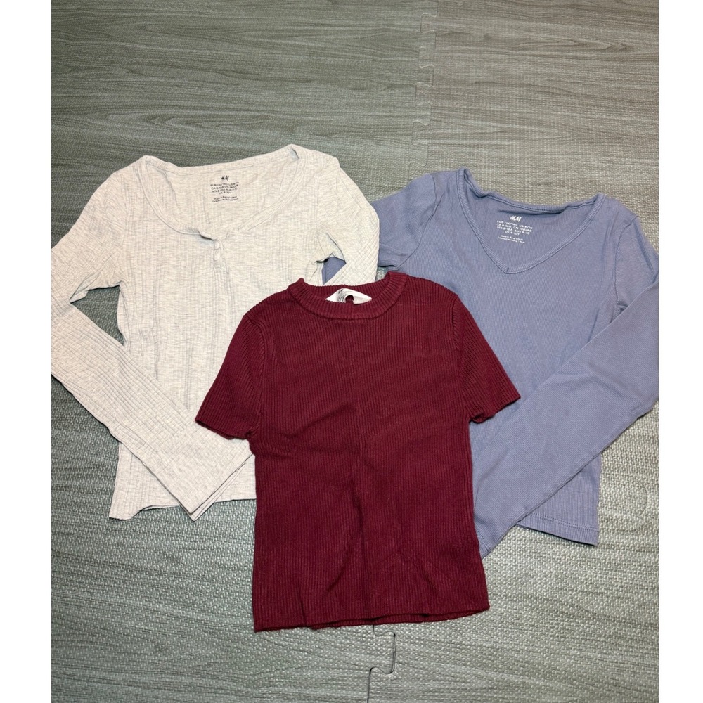 HM Girls Ribbed Top Lot 3pc Gray Blue Burgundy Size 8/10 Long Short Sleeve